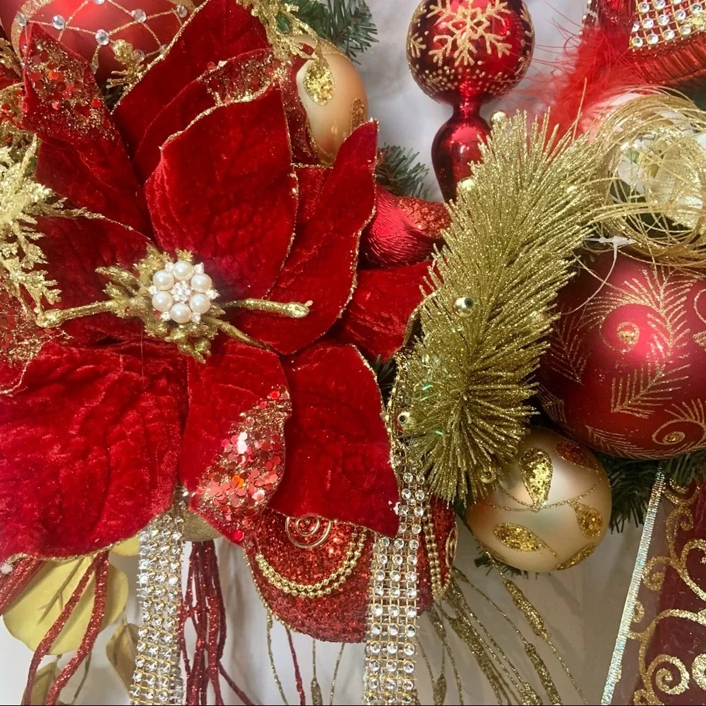 New Elegant Large Christmas Red Gold Sparkling Poinsettia Door Wall Wreath